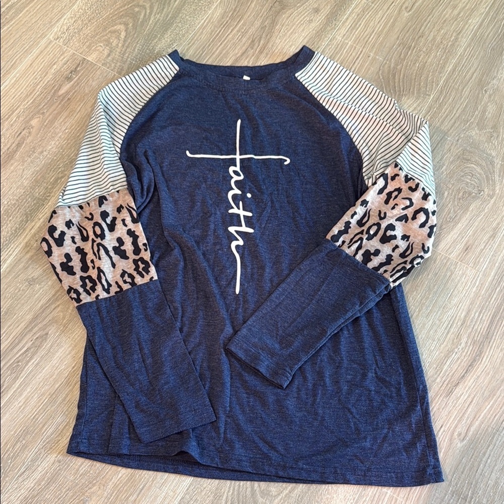 Navy Long Sleeve Shirt with Leopard Print and Stripes